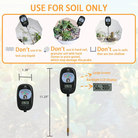Diagram showing 7-In-One Soil Test Kit With Moisture Meter, PH Meter, Sunlight Intensity, Fertility Tester, LCD Display