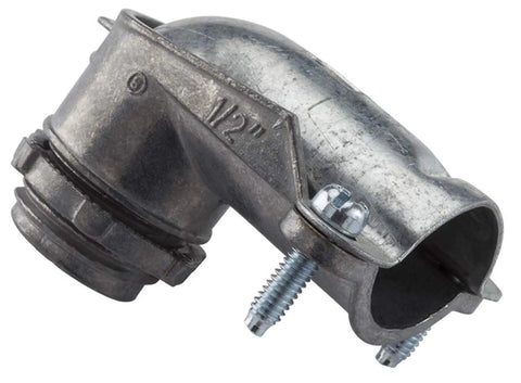 3/8 In Flex 90 Degree Connector for FMC Metal Clad and Armored Cable to Steel Outlet Box, close-up view, 1/2 In knockout, zinc alloy