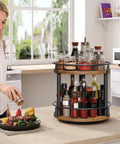 Smooth Two Tier Lazy Susan Rotating Spice Rack Brings A No Sweat Game Changer To Your Kitchen Countertop Storage Setup In A Classic Rustic Brown Wood Finish with spices and oils.