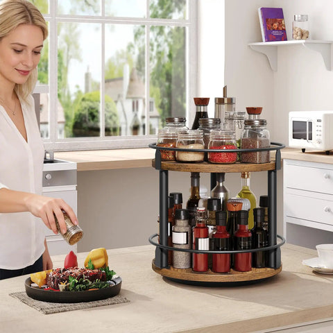 Smooth Two Tier Lazy Susan Rotating Spice Rack Brings A No Sweat Game Changer To Your Kitchen Countertop Storage Setup In A Classic Rustic Brown Wood Finish with spices and oils.