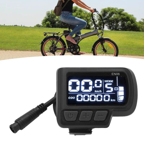 Six Pin LCD Ebike Display Panel for 24V 36V 48V 60V electric bikes on 22.2mm handlebar with real-time speed and battery readout.