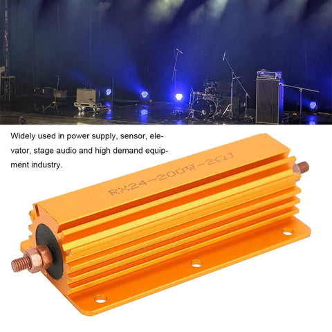 Beefed Up 200W 2 Ohm High Power Resistor With Aluminum Housing And Mounting Holes For Industrial Power Supplies, Sensors, Elevator, And Audio Equipment Applications With Superior Heat Dissipation, orange finned body