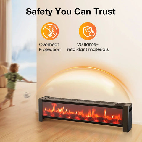 33 Inch Baseboard Heater 1500 Watts Delivering Straight Fire Warmth Via Wide Top Air Outlet And Smart Remote Thermostat in a room.