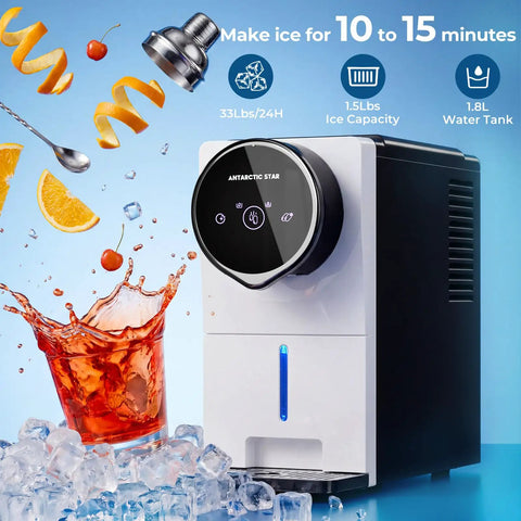 Heavy Duty Compact Nugget Ice Maker For Countertop With Auto Dispenser Makes Up To 33 Lbs Of Chewable Pebble Ice Daily, 1.8L tank visible.