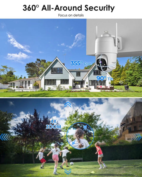 Wireless Outdoor Security Camera With 360 Degree PTZ Battery Powered And No Wires Color Night Vision PIR Motion Detection mounted outside a modern house with 360° pan and tilt capabilities, capturing a wide view of a garden with children playing.