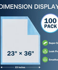Premium Heavy Duty Disposable Pads 23X36 Inch 100 Count Bulk Pack shown with dimensions for absorbent use.