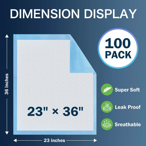 Premium Heavy Duty Disposable Pads 23X36 Inch 100 Count Bulk Pack shown with dimensions for absorbent use.