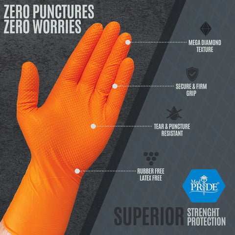 Med Pride orange nitrile glove, large, 8 mil, diamond texture, heavy-duty disposable safety glove