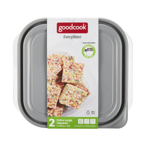 Extra Large Square Food Storage Container Set 11.7 Cup Capacity BPA Free 2 Pack Airtight Lids with label and snacks visible