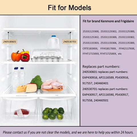 Image showing Upgraded Fridge Drawer Slide Rails For Kenmore And Frigidaire Refrigerators with food items in fridge.