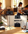 Folding Music Stand Portable With One Step Setup And Tool Free Height Adjustment in a home setting with instruments.