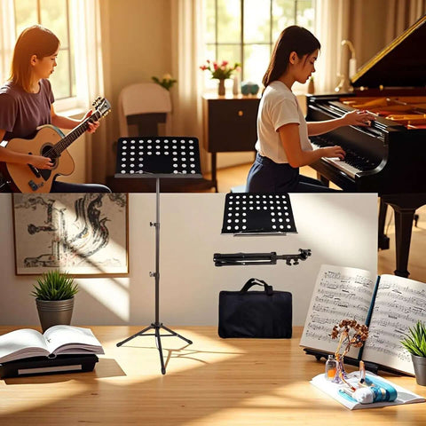 Folding Music Stand Portable With One Step Setup And Tool Free Height Adjustment in a home setting with instruments.