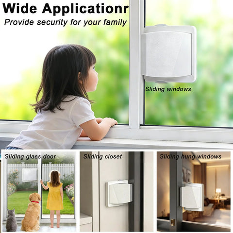 Child looking through window with installed 2 Pack Sliding Door Lock for Glass Doors and Windows, Child Safety Lock for Patio Doors and Closets.