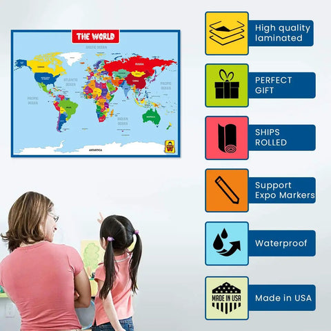 World Map Laminated Poster With Dry Erase Surface Double Sided For Home Classroom And Office Use 17 By 23 Inches Waterproof