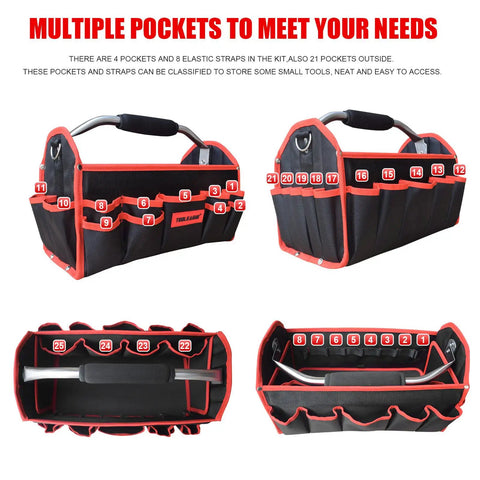 Heavy Duty 19 Inch Tool Bag With 25 Pockets, 1680D Fabric, Sturdy Molded Base, And Adjustable Shoulder Strap, Multi Pocket Organizer