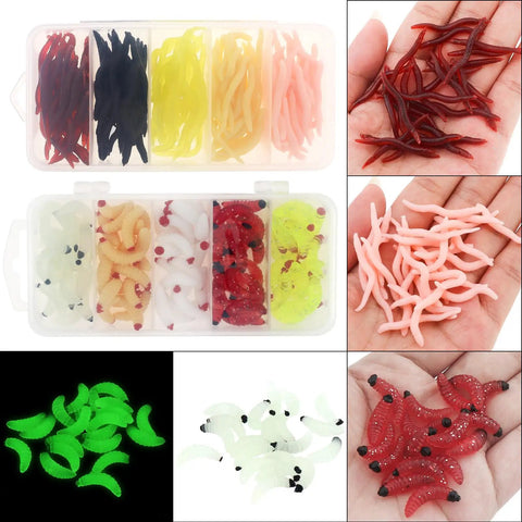 250 Piece Soft Plastic Fishing Worms Lures Set Realistic Earthworm Baits For Freshwater Fishing, assorted colorful lures in hand and boxes
