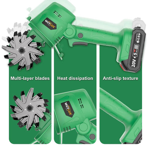 20V Cordless Tiller Cultivator With 2x 2.0Ah Batteries And Charger, showing multi-layer blades, heat dissipation, anti-slip handle