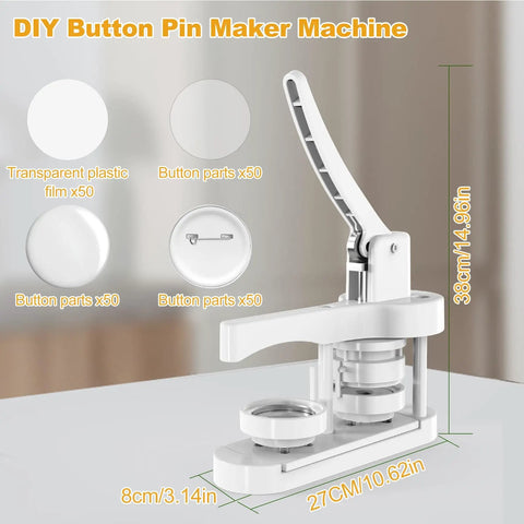 Pre Assembled Button Maker Machine With Free 58mm Discs No Sweat Setup Straight Out The Box Diy Badge Press Kit on a table.