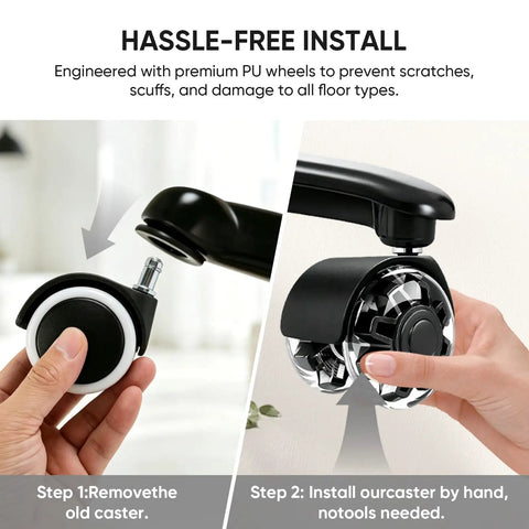 Heavy Duty Five Pack Super Slick Office Chair Caster Wheels With Silent Dual Bearings For Dang Smooth Swivel Glide On Hardwood Or Carpet Zeroing In On Squeak Free Operation installation steps with premium PU wheels.