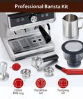 Professional Barista Kit including portafilter set, milk jug, and tamping kit next to Semi Automatic Espresso Machine Featuring Built In Conical Burr Grinder And No Sweat Milk Frother Steam Wand With 20 Bar Pressure Stainless Steel Coffee Maker For Rapid Lattes And Kickin Daily Brews At Home.