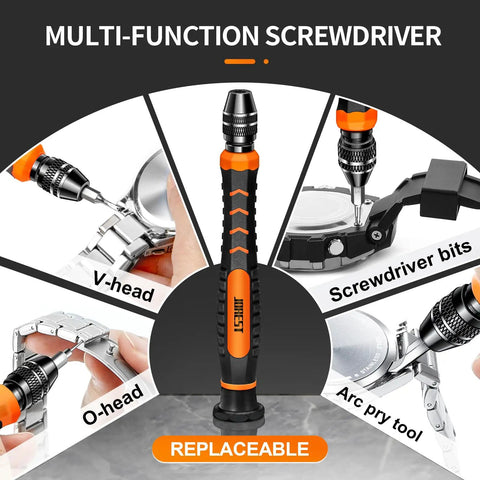 All In One Watch Repair Kit Pro Grade Gear For Battery Swaps Strap Adjustments Case Opener And Back Cover Link Remover. Multi-function screwdriver with replaceable bits and different heads showcased.