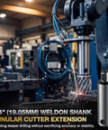 Badass 4 Inch Annular Cutter Extension with 3/4 Weldon Shank for Magnetic Drill and Drill Press Heavy Duty Steel Deep Hole Drilling Tool Comes Loaded With Hex Wrench Versatile Adapter for Pros in use with sparks during drilling.