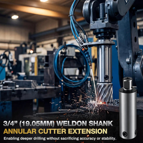 Badass 4 Inch Annular Cutter Extension with 3/4 Weldon Shank for Magnetic Drill and Drill Press Heavy Duty Steel Deep Hole Drilling Tool Comes Loaded With Hex Wrench Versatile Adapter for Pros in use with sparks during drilling.