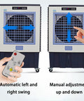Portable Evaporative Swamp Cooler With Three Speed Fan And High Velocity Outdoor Cooling Pad To Crush Kickin Summer Heat And Provide Smooth Ninety Degree Oscillation Airflow Right Where You Are, showing remote and manual adjustments.