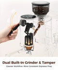 Smooth Operator Automatic Espresso Machine With Integrated Grind Distribute And Tamp Design showing dual built-in grinder and calibrated tamper.