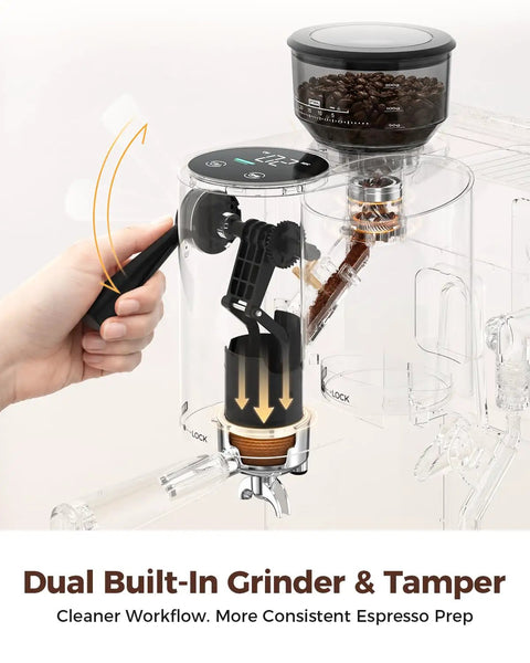 Smooth Operator Automatic Espresso Machine With Integrated Grind Distribute And Tamp Design showing dual built-in grinder and calibrated tamper.