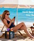 Woman at beach with Dope Portable Mesh Shower Caddy With Seven Pockets, Freestanding Dorm Organizer Bag on sand, black color