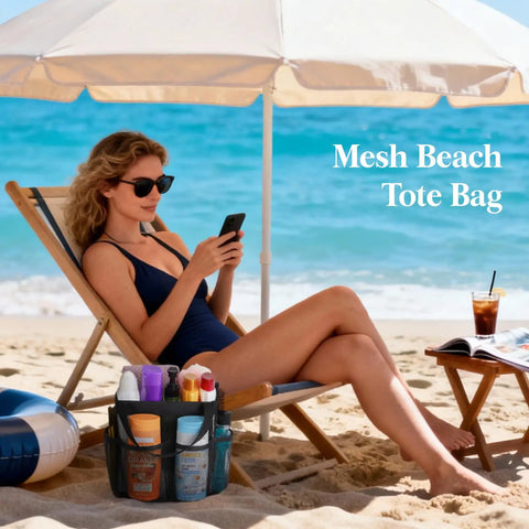 Woman at beach with Dope Portable Mesh Shower Caddy With Seven Pockets, Freestanding Dorm Organizer Bag on sand, black color