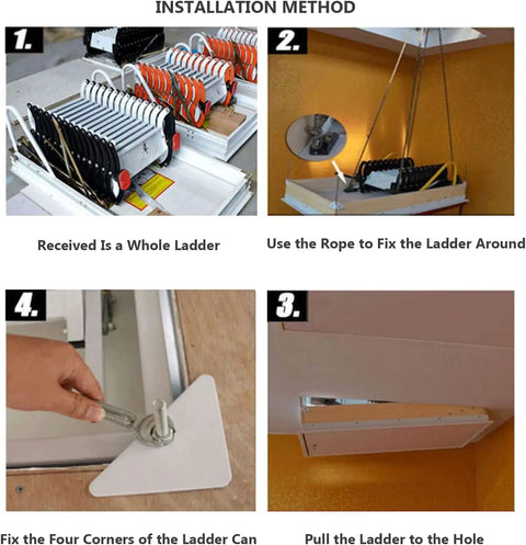 Installation method steps for Straight Up Quality Electric Attic Ladder Featuring Smooth Remote Control Operation And Hella Durable Titanium Magnesium Alloy Frame.