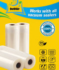 Inside Ready Eight And Eleven Inch Heavy Duty Vacuum Sealer Rolls Pack Four Rolls Two Of Each Size 100 Feet Total 33 Percent Thicker BPA Free Commercial Grade Bags Compatible With FoodSaver And Other Machines Easy To Use With Built In Cutter, displayed with BPA-free icons.
