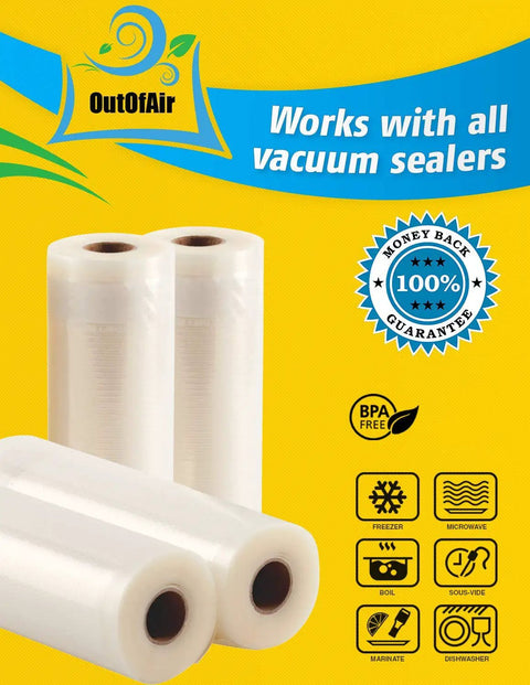 Inside Ready Eight And Eleven Inch Heavy Duty Vacuum Sealer Rolls Pack Four Rolls Two Of Each Size 100 Feet Total 33 Percent Thicker BPA Free Commercial Grade Bags Compatible With FoodSaver And Other Machines Easy To Use With Built In Cutter, displayed with BPA-free icons.