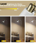 Industrial Floor Lamp With Rustic Farmhouse Vibe, showing 3 level dimming in white finish next to a sofa in a living room.