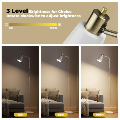 Industrial Floor Lamp With Rustic Farmhouse Vibe, showing 3 level dimming in white finish next to a sofa in a living room.