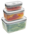 Stacked BPA-free food containers from Fresh And Save Handheld Vacuum Sealer Kit showing preservation of vegetables.