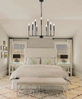 Black Farmhouse Chandelier For Dining Room Over Table Nine Light Industrial Metal Candle Lighting Fixture in a cozy bedroom