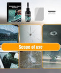 Chip And Crack Repair Kit For Windshields And Screens 2 Pack Quick DIY Fix For Bulls Eye And Star Shaped Cracks That Saves You From Expensive Replacements And Lets You Handle Chips On Cars And Glass In Minutes displayed with usage examples and repair fluid.