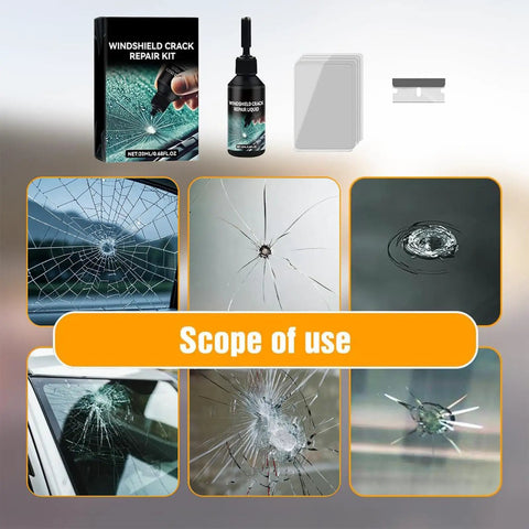 Chip And Crack Repair Kit For Windshields And Screens 2 Pack Quick DIY Fix For Bulls Eye And Star Shaped Cracks That Saves You From Expensive Replacements And Lets You Handle Chips On Cars And Glass In Minutes displayed with usage examples and repair fluid.