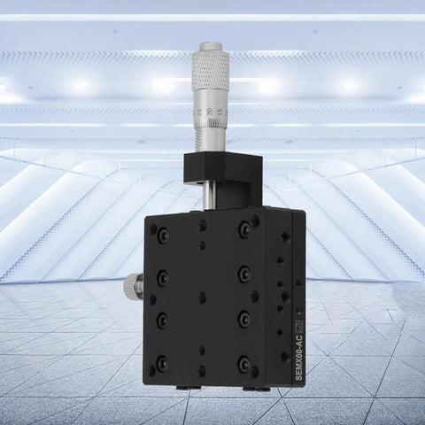 Micrometer Fine Tuning Cross Roller Linear Stage For Rock Solid X Axis Travel 60x60mm Aluminum Translation Table With Manual Adjustment And Smooth Glide Performance in a futuristic setting.