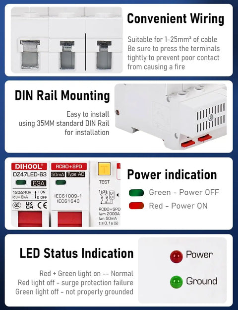 Heavy Duty Ground Fault Circuit Breaker With Surge Protection For DIN Rail Mount Two Pole 63 Amp 120V To 240V AC Leakage Trip 30mA Short Circuit Protection And Circuit Isolation with DIN rail mounting and LED indicators