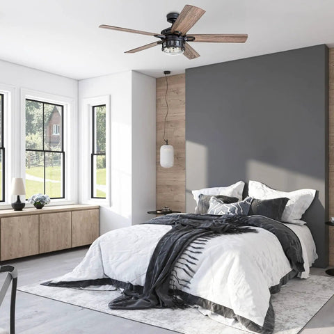 Modern bedroom with Bonterra 52 Inch Ceiling Fan With LED Light And Remote 5 Blades Modern Matte Black Fan For Big Rooms Over 400 Sq Ft