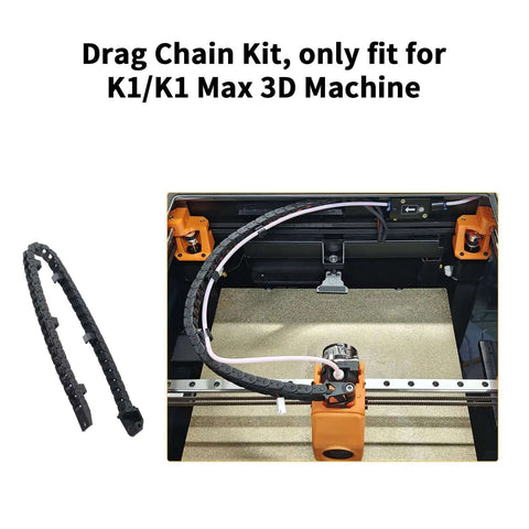 K1 Max Drag Chain Cable Carrier for 3D Printers installed on machine, showing open-type black flat cable chain for clean cable management.