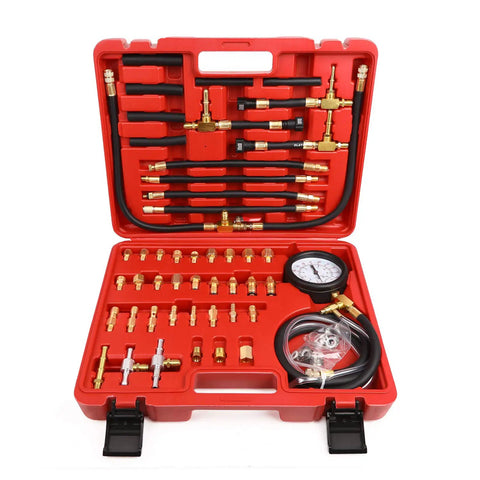 Pro Fuel Injection Pressure Tester Kit With 0 To 140 PSI Gauge And Includes 9.49, 7.89, 6.30 Fuel Line Fittings in red case