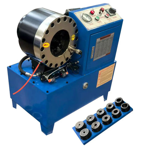 Badass Heavy Duty Electric Hose Crimper And 10 Die Sets 3600 KN Hydraulic Press with digital controls and multiple dies.