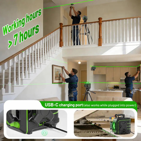 360 Degree Laser Level With Tripod Self Leveling Green Laser Tool For Pros Drop Proof Rugged Build With 60 Inch Drop Protection All Around Rubber Armor For Tough Jobsite Drops, 45-inch tripod in home jobsite