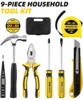 Compact 9 Piece Homeowner Tool Set With Grab And Go Portable Plastic Storage Case For Easy DIY Repairs Ergonomic Soft Grip Handles Durable Chrome Plated Steel Essential Household Tools That Fit In Car Bag Or Drawer, displayed with hammer, pliers, screwdrivers, tape measure, cutter, and case.