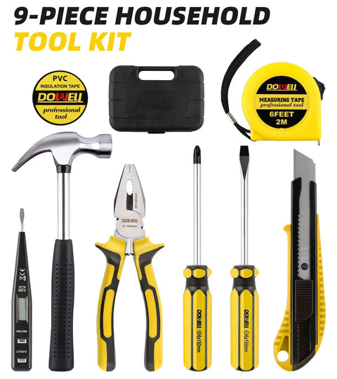 Compact 9 Piece Homeowner Tool Set With Grab And Go Portable Plastic Storage Case For Easy DIY Repairs Ergonomic Soft Grip Handles Durable Chrome Plated Steel Essential Household Tools That Fit In Car Bag Or Drawer, displayed with hammer, pliers, screwdrivers, tape measure, cutter, and case.